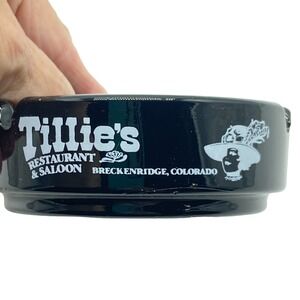 Rare Vintage Tillies Restaurant & Saloon Ashtray Black Glass round 3.25" tobacco